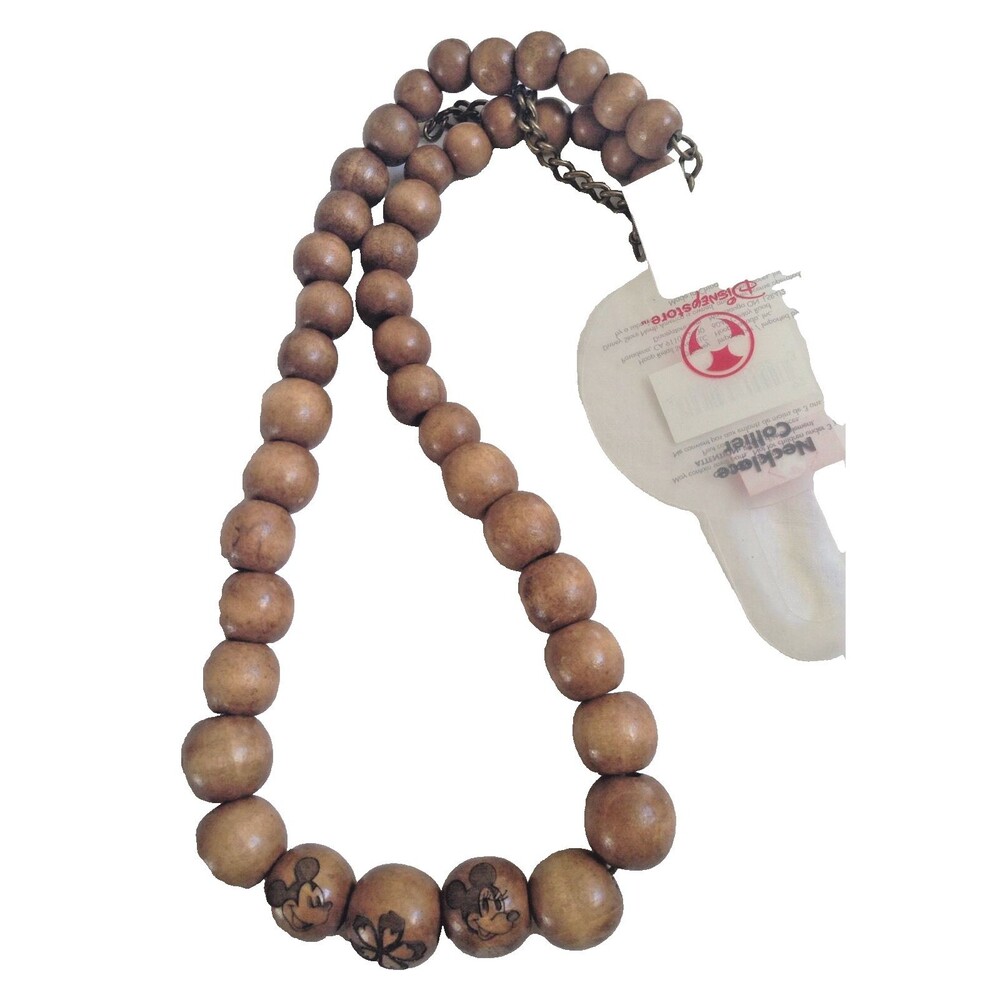 Disney Minnie Mickey Mouse Wood Beaded Necklace Strand Adult Jewelry NWT NOS Y2K